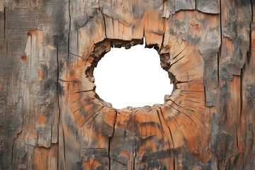 hole in the old wood wall, hole break through weathered wooden board plank, decor frame, white...