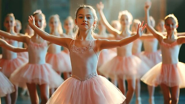 Young ballerinas are assisted in doing various choreographic exercises by a female ballet school trainer.