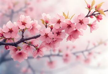 Watercolor Cherry Blossom Tree Branch with Pink Flowers