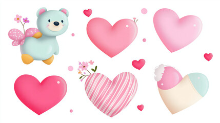 PNG Set of pastel hearts, pink, blue green 3d