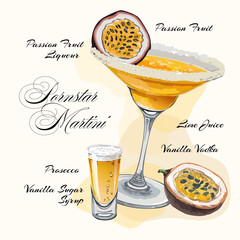 Pornstar Martini Cocktail Flat design. Summer Cocktail Drink Vector Illustration