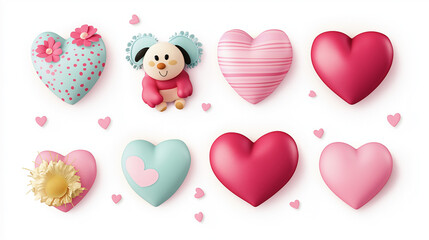 PNG Set of pastel hearts, pink, blue green 3d
