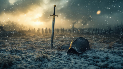 Historic viking battlefield, Golden sword, cracked shields, dented helmets, heavy clouds, snowfall, Medival fight and war