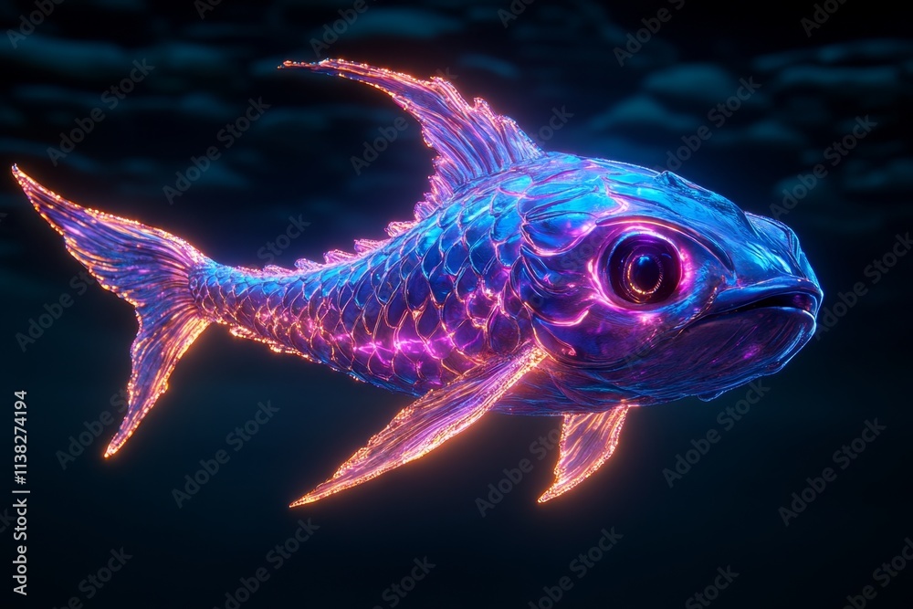 Poster a magical underwater scene with a glowing, mythical fish adorned with iridescent fins and sparkling 