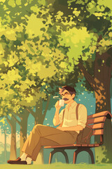 Fototapeta premium Adult man sitting outside in park alone drinking coffee anime style
