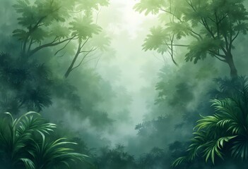 Rainforest Watercolor Scene with Lush Greenery and Mist