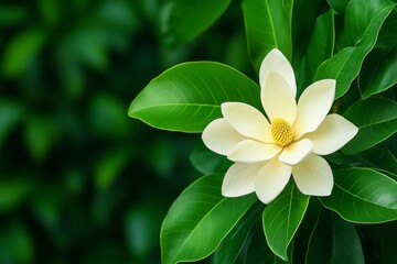 A magnolia flower in full bloom, with its creamy white petals glowing softly against a backdrop of dark green leaves