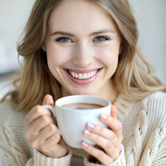 Smiling young woman holding a cup of coffee in a cozy indoor setting
