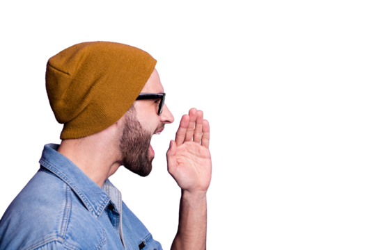 Close-up profile side view portrait of his he nice attractive bearded guy announcing new novelty copy space isolated over bright vivid shine violet lilac purple background