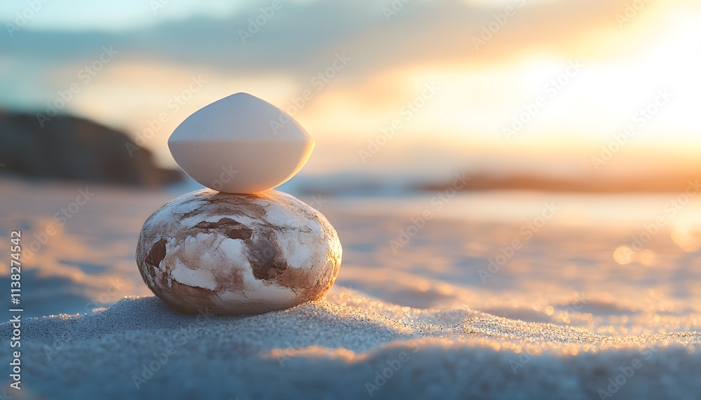 Poster Balanced Composition of Seashell and Stone on Sandy Beach at Sunset Highlighting Nature's Serenity and Tranquility with Soft Light and Gentle Waves in Background