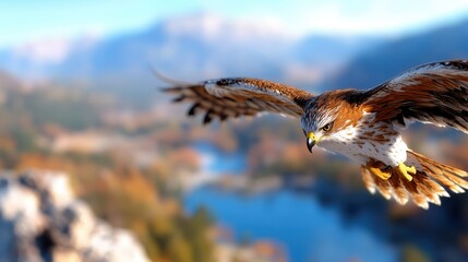 Fototapeta premium A powerful hawk soars above a vast scenic landscape, embodying freedom and grace. The detailed plumage contrasts against the majestic background of nature's beauty.