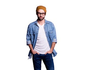 Fototapeta premium Portrait of his he nice attractive modern content bearded guy holding hands in pockets isolated over bright vivid shine violet lilac purple background
