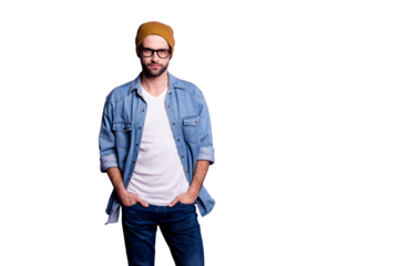 Portrait of his he nice attractive modern content bearded guy holding hands in pockets isolated over bright vivid shine violet lilac purple background
