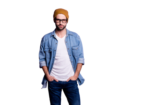 Portrait of his he nice attractive modern content bearded guy holding hands in pockets isolated over bright vivid shine violet lilac purple background