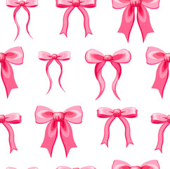 Seamless pattern with cute bows in cartoon style.Vector illustration of a pattern with pink ribbon bows of various shapes and sizes isolated on a white background.Wrapping paper.Packaging. Decoration.