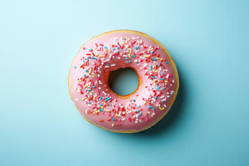 Pink donut on color background, top view. Doughnut on blue background. Generated AI