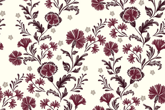 Vintage floral patterns textured handmade. Ethnic bohemian style design burgundy red carnations flowers motifs with leaf tapestry pattern seamless . Vector illustration.