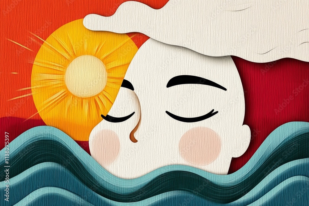 Poster a minimalist line art illustration of a serene face, with clean curves and soft abstract shapes