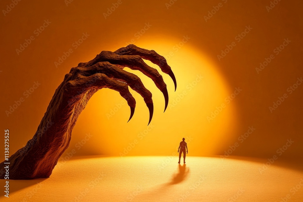 Poster a minimalist poster showing the shadow of a claw reaching toward a small figure standing under a sin