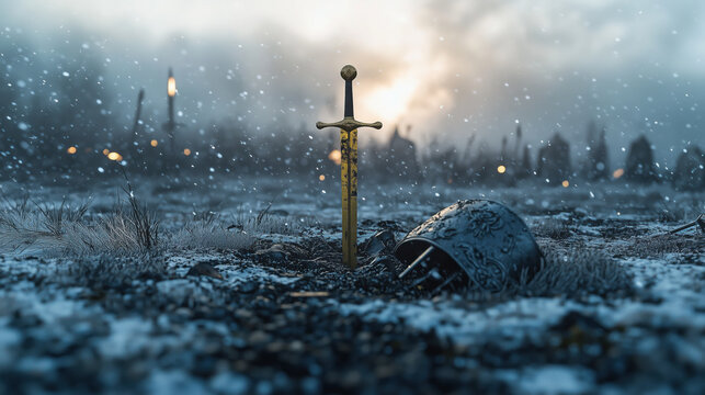 Historic viking battlefield, Golden sword, cracked shields, dented helmets, heavy clouds, snowfall, Medival fight and war