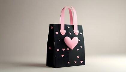 Stylish black paper bag adorned with pink hearts, perfect for gifts or shopping in a trendy manner.