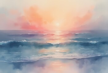 Serene Watercolor Seascape with Pastel Hues at Dawn