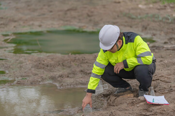 Environmental engineers inspect water quality,Bring water to the lab for testing,Check the mineral content in water and soil,Check for contaminants in water sources.