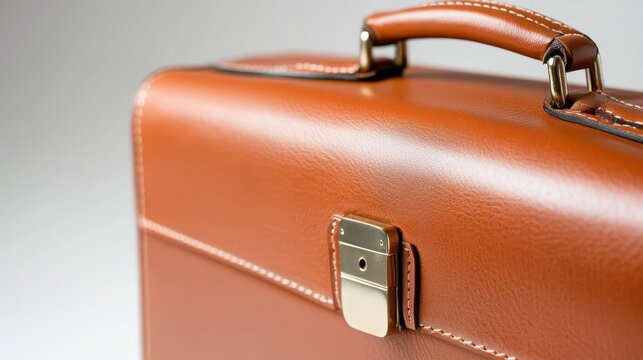 A close-up image of a brown leather briefcase with a metallic clasp showcases its fine craftsmanship and premium material, exuding professionalism and class.