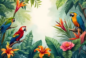 Watercolor Rainforest Scene with Exotic Flowers and Parrots
