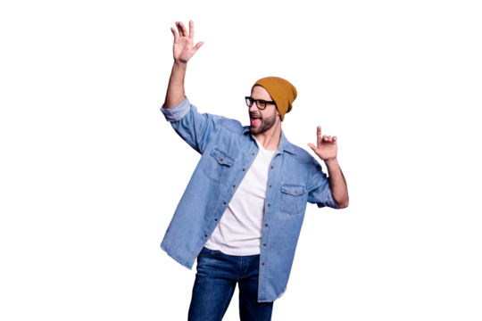 Portrait of his he nice attractive content cool cheerful cheery carefree bearded guy celebrating great festal party having fun isolated over bright vivid shine violet lilac background