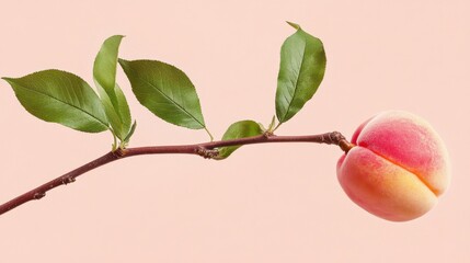 A close-up of a peach stem with tender green leaves sprouting from the branch, symbolizing growth and vitality, natural development