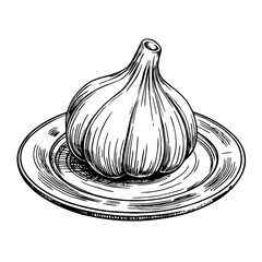 Detailed vintage sketch of garlic on plate, culinary art