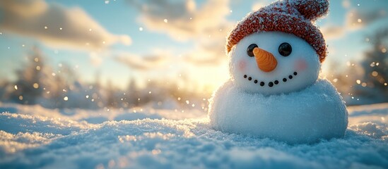 Fototapeta premium Cheerful snowman in winter sunset. (1)