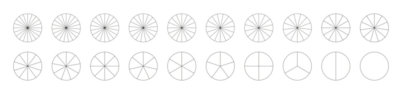Set of pie, pizza charts. Segmented charts. Many number of sectors divide the circle on equal parts. Segments infographic. Diagram wheel parts.