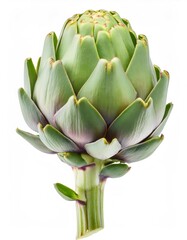 Obraz premium Stunning artichoke with layered leaves, displaying a mix of green and purple shades, set against a pure white background