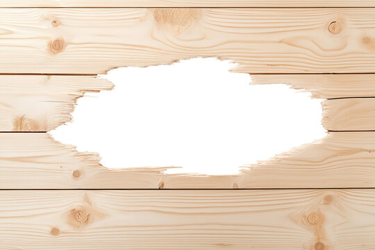 hole in a clean new wood wall, decorate lumber wooden board plank frame, white transparent background. cutout png