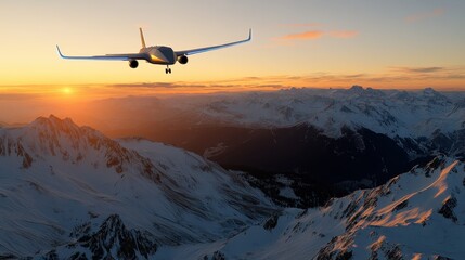 Fototapeta na wymiar An airplane glides over snow-covered mountains during sunrise, reflecting the breathtaking beauty of the landscape and symbolizing exploration and human ambition.