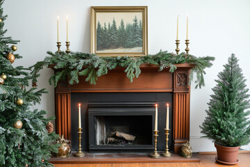 A vintage-style fireplace with a greenery garland, two tall brass candlesticks on each side of the fireplace in front of it, and an old painting depicting evergreen trees hanging above the mantel.