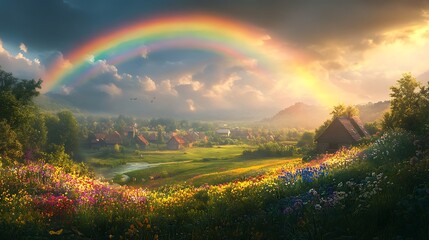 Obraz premium A vivid rainbow arching over a quiet rural village, surrounded by lush green fields and scattered wildflowers, sunlight breaking through dramatic clouds, creating a peaceful and magical mood,