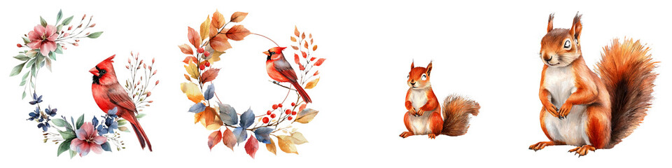 cute animal concept. Colorful illustrations of birds and a squirrel surrounded by floral elements on a dark background. on Transparent background.