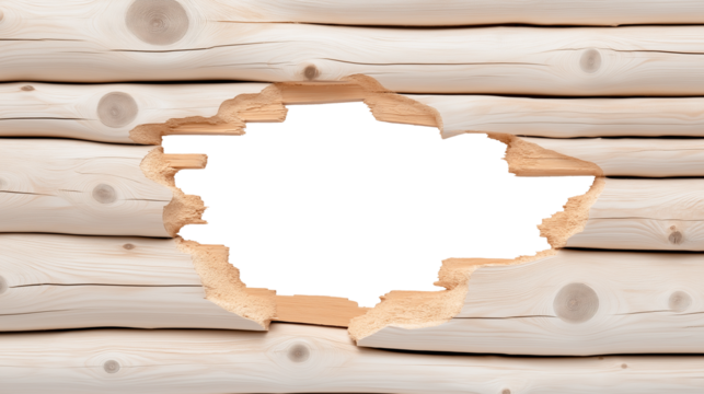 hole breaking through clean new wood wall, decorate lumber plank frame, white transparent background. cutout png