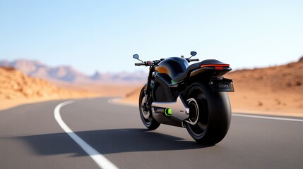 Fototapeta premium A sleek black motorcycle rides along a winding desert highway, its reflective surfaces glistening under the sun, embodying modern adventure and freedom.