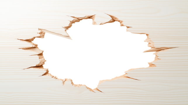 hole in the white wood wall, hole break through wooden board plank, decor frame, white transparent background. cutout png