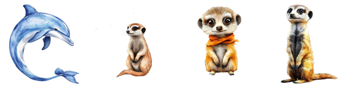 Fototapeta cute animal concept. Four playful animals: a dolphin and three meerkats on a black background. on Transparent background.