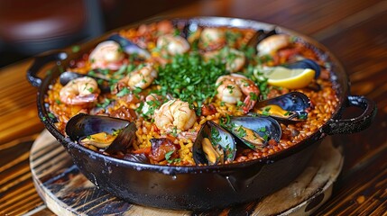 A sizzling paella brimming with succulent shrimp, mussels, and saffron rice.