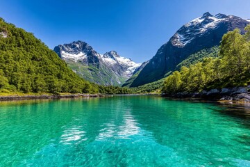 A picturesque fjord with emerald green water and snowy peaks mirrored on its glass-like surface