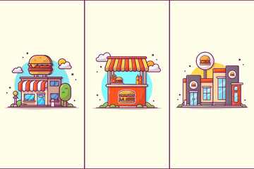 Fototapeta premium 3 Charming Fast Food Building Vector Design Illustrations Pack