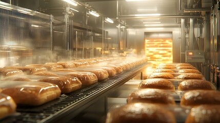 A conveyor belt with bread on it