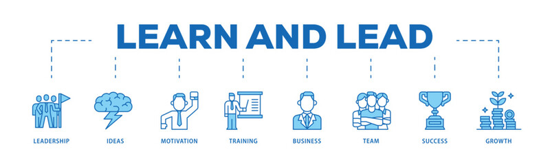 Learn and lead infographic icon flow process which consists of leadership, ideas, motivation, training, business, team, success, and growth icon live stroke and easy to edit .