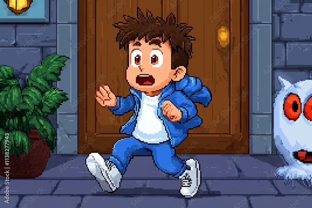Poster A pixel art depiction of a frightened character running from a monster in a retro-style horror game, glowing red eyes in the background